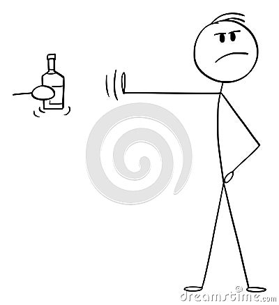 Vector Cartoon of High-principled or Principled Man Rejecting Bottle of Alcohol or Hard Liquor Vector Illustration