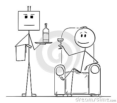 Vector Cartoon Illustration of Rich Man Sitting in Armchair with Glass in Hand and Robot as His Servant or Valet Vector Illustration