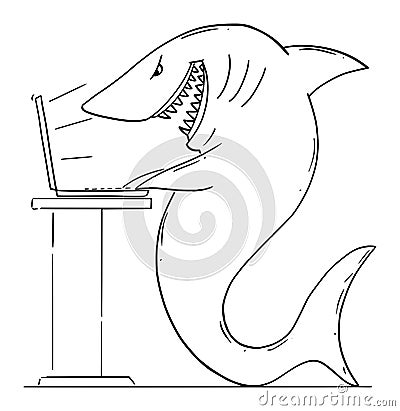 Vector Cartoon Illustration of Monster, Shark or Internet Predator on Computer Searching For Prey. Concept of Cyber Vector Illustration