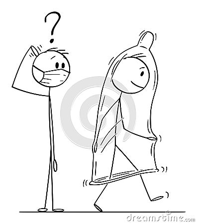 Vector Cartoon Illustration of Shocked Man in Face Mask Looking at Another Man Wearing Condom as Protective Suit Against Vector Illustration