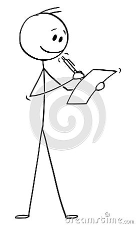 Vector Cartoon of Smiling Man or Businessman Writing on Sheet of Paper with Ballpoint Pen Vector Illustration