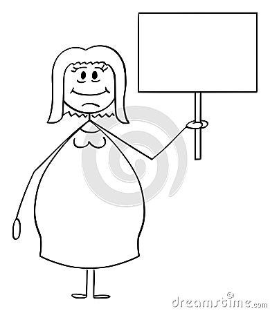 Vector Cartoon of Smiling Obese or Overweight Woman Holding Empty Sign Vector Illustration