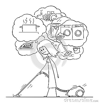 Vector Cartoon Illustration of Tired Woman Cleaning or Vacuuming the Floor or Carpet With Vacuum Cleaner or Hoover and Vector Illustration