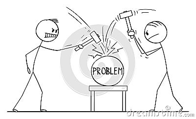 Vector Cartoon Illustration of Two Men, Workers or Businessmen Beating Problem with Hammers. Concept of Solving Problem. Vector Illustration