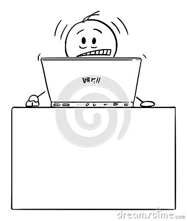 Vector Cartoon Illustration of Stressed or Frustrated Man or Businessman Working on Computer in Office or Home Office Vector Illustration