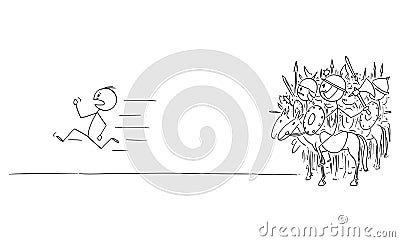 Vector Cartoon Illustration of Man Running Away in Panic or Fear From Army or Group of Ancient or Medieval Marauders Vector Illustration