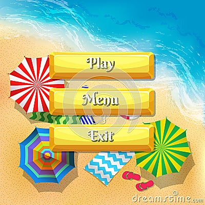 Vector cartoon style buttons with text for game design on beach umbrellas top view background Vector Illustration