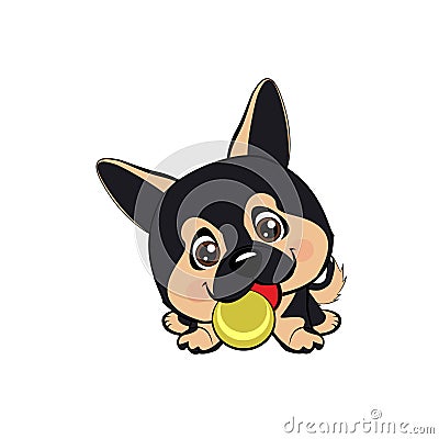 Vector cartoon style drawing of a playful puppy playing with a tennis ball.Australian shepherd cartoon. German Shepherd. Vector Illustration