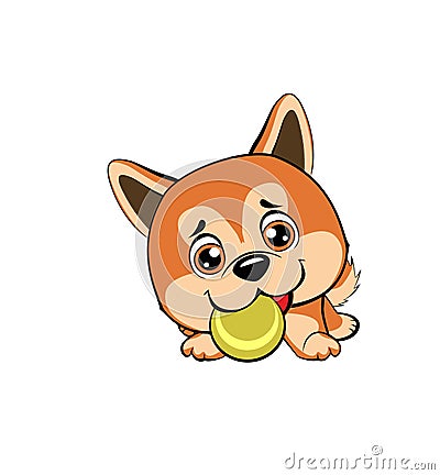 Vector cartoon style drawing of a playful puppy playing with a tennis ball.Australian shepherd cartoon. Sitting Akita Inu illustra Vector Illustration