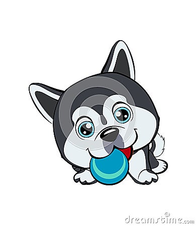 Vector cartoon style drawing of a playful puppy playing with a tennis ball. Vector Illustration