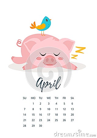 April 2019 year calendar page Vector Illustration