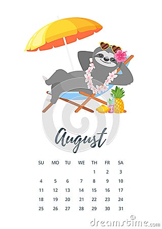 August 2019 year calendar page Vector Illustration