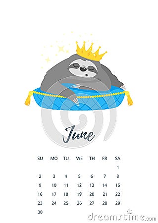 June 2019 year calendar page Vector Illustration