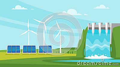 Wind mill and solar panels Vector Illustration