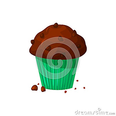 Vector cartoon style illustration of sweet cupcake. Delicious sweet dessert. Chocolate muffin isolated on white background. Vector Illustration