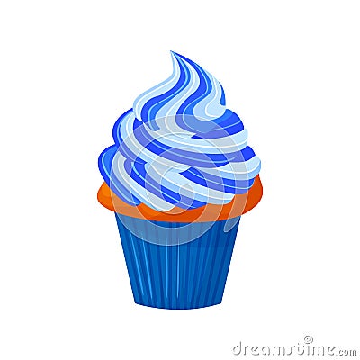 Vector cartoon style illustration of sweet cupcake. Delicious sweet dessert decorated with blue creme. Muffin isolated Vector Illustration