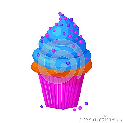 Vector cartoon style illustration of sweet cupcake. Delicious sweet dessert decorated with blue creme and sprinkles. Vector Illustration