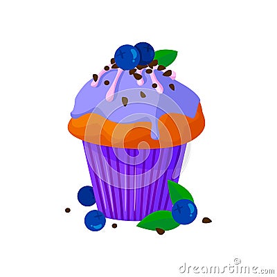 Vector cartoon style illustration of sweet cupcake. Delicious sweet dessert decorated with creme, chocolate and blueberry. Muffin Vector Illustration