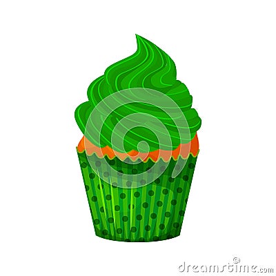 Vector cartoon style illustration of sweet cupcake. Delicious sweet dessert decorated with green creme. Muffin isolated Vector Illustration