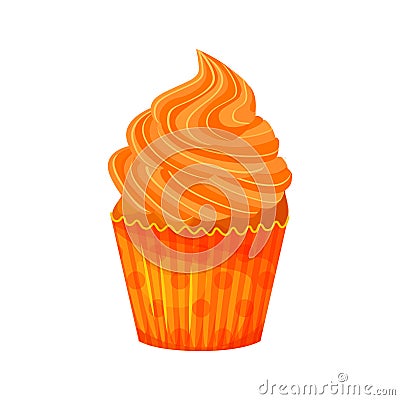 Vector cartoon style illustration of sweet cupcake. Delicious sweet dessert decorated with orange creme. Muffin isolated Vector Illustration