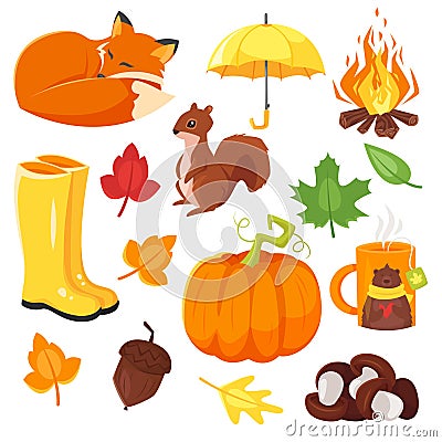 Vector cartoon style set of autumn symbols: fox, pumpkin, yellow boots Vector Illustration