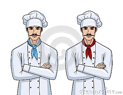 Vector cartoon style set of a two handsome young men in cook uniform. Stock Photo
