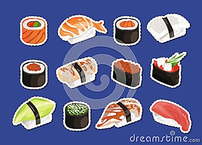 Vector cartoon sushi stickers set isolated Vector Illustration