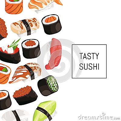 Vector cartoon sushi types background with place for text Vector Illustration