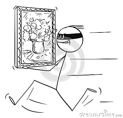 Vector Cartoon of Thief Running with Stolen Painting from Art Gallery, Museum or House Vector Illustration