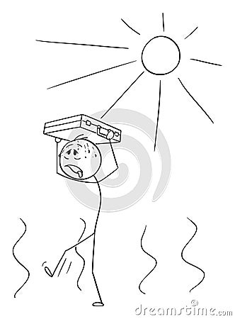 Vector Cartoon of Thirsty Man or Businessman Walking in Hot Weather with Briefcase Protecting His Head From the Sun Vector Illustration