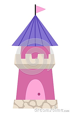 Vector cartoon tower. Fantasy world castle part icon with purple roof and flag. Fairy tale princess house illustration isolated on Vector Illustration