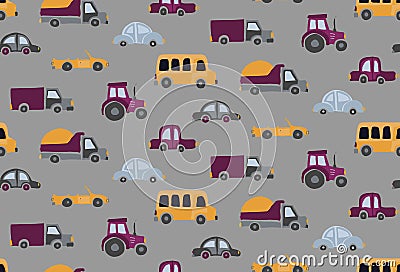 Vector cartoon transportation background for children. Seamless pattern with toy cars, bus Vector Illustration