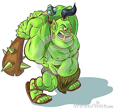 Vector Cartoon Troll Orc or Ogre with Raised Club Vector Illustration