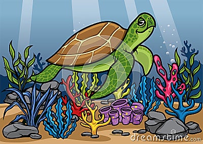 Cartoon turtle underwater with beautiful coral Vector Illustration