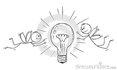 Vector Cartoon of Two Men or Businessmen as Flies Attracted by Light Bulb and Flying Around Vector Illustration