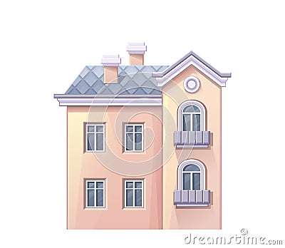 Vector cartoon two storied pink house with gray tile roof. Stock Photo