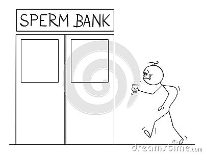 Vector Cartoon of Ugly Deformed Man Walking with Cup in to Sperm Bank Vector Illustration