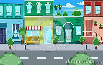 Vector cartoon urban street house and shop scene background illustration Vector Illustration