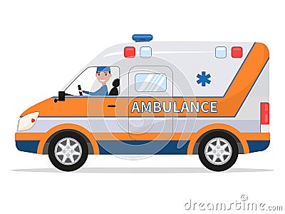 Vector cartoon van medical car with driver man Vector Illustration