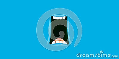 Vector Cartoon wide open mouth isolated on blue background. Funny and cute cyan Halloween Monster open mouth with big Vector Illustration