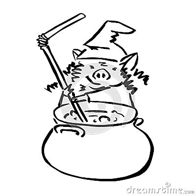 Vector cartoon witch pig and big cauldron Stock Photo