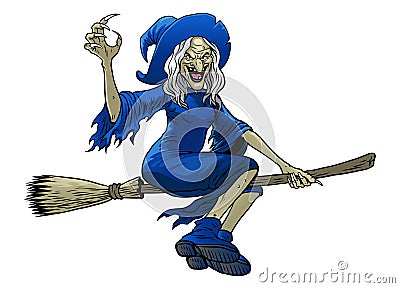 Cartoon witch riding flying broom Vector Illustration