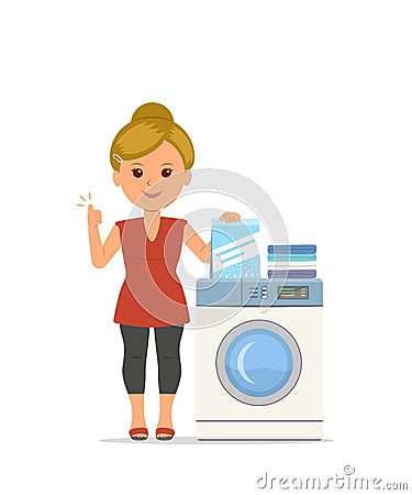 Vector cartoon woman housewife washes clothes in the washing machine. Vector Illustration