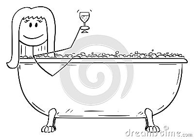 Vector Cartoon of Woman Relaxing in Batch Tub with Glass of Wine Vector Illustration