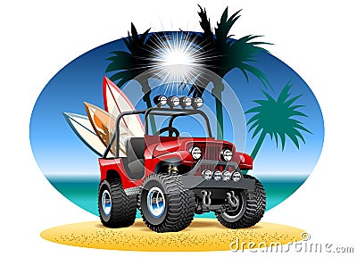 Vector cartoon 4x4 car on beach Vector Illustration