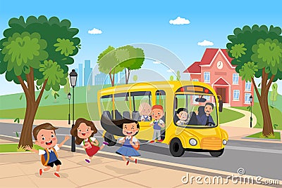 Vector cartoon yellow school bus with pupil Vector Illustration
