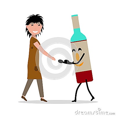 Vector cartoon young adult woman bottle alcohol Vector Illustration