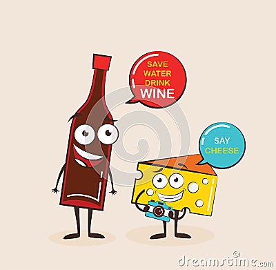 Vector cartoons of comic characters bottle of wine and cheese. Cartoon face food emoji. Funny food concept. Vector Illustration