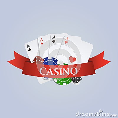 Vector casino illustration with ribbon, playing cards, dices Vector Illustration