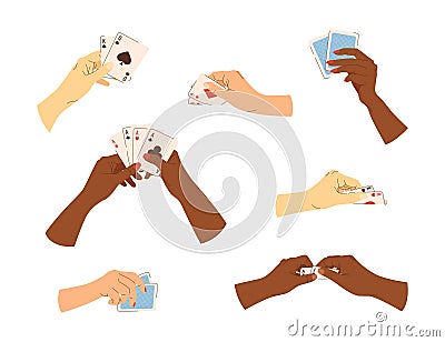 Vector casino player set of playing cards in hands. Multicultural casino players. Illustrations for gambling industry Vector Illustration